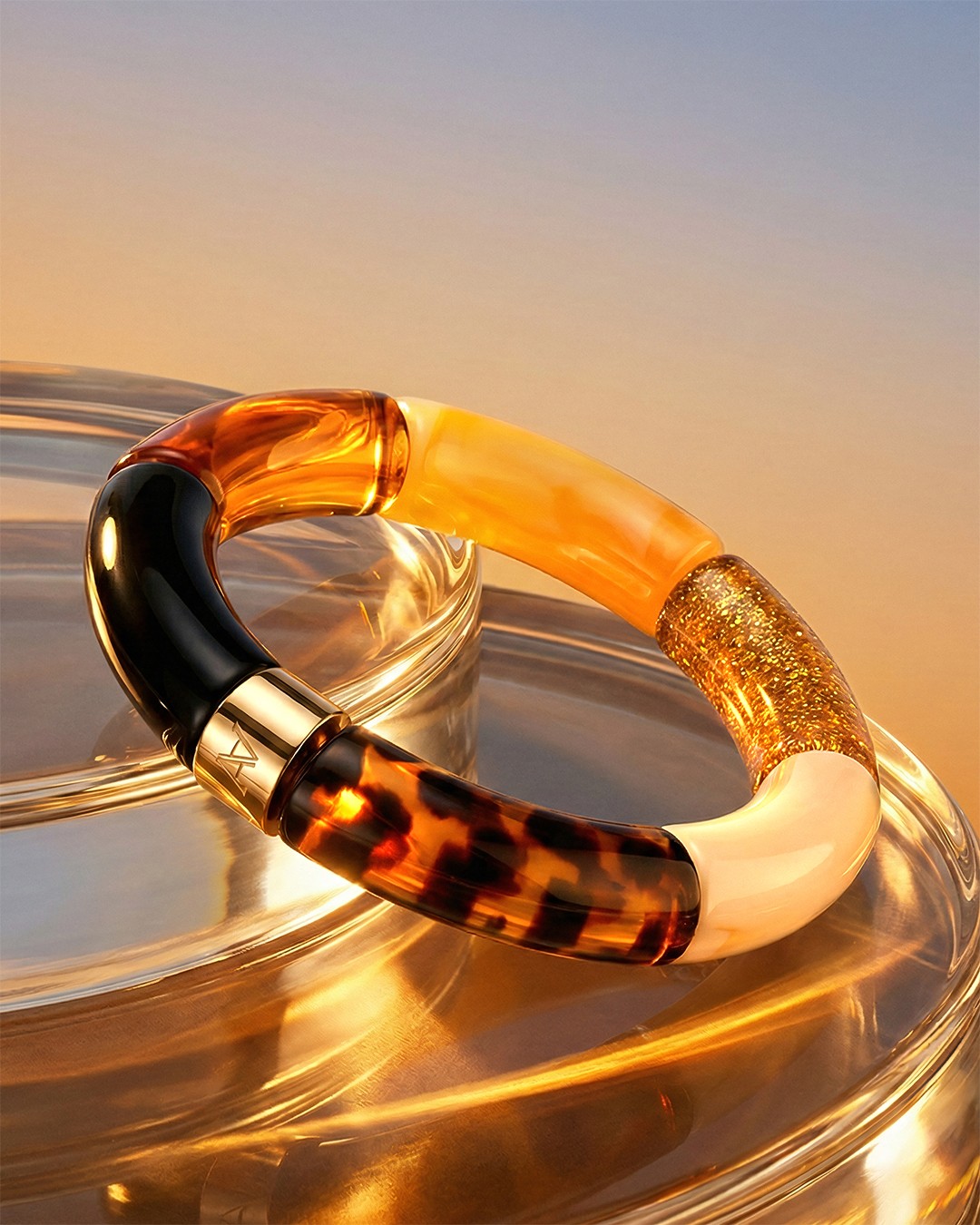 Packshot Bracelet Lueurs d'automne Noir, ambre, pailettes, beige créme et léopard Cerreto