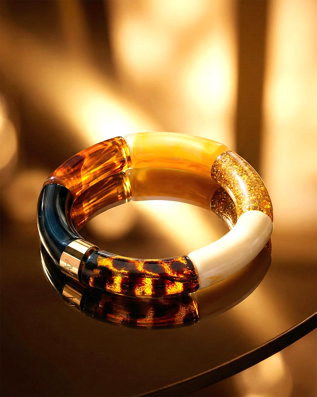 Packshot Bracelet Lueurs d'automne Noir, ambre, pailettes, beige créme et léopard Cerreto