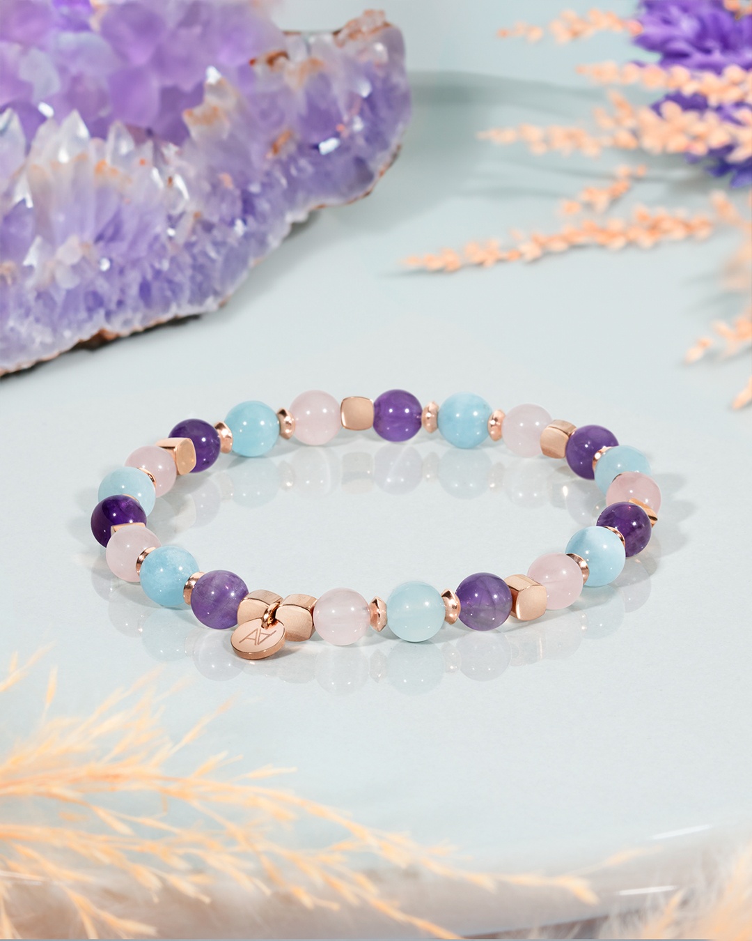 Bracelet Lithothérapie Quartz rose, Aigue marine et Améthyste -  Épanouissement Relationnel